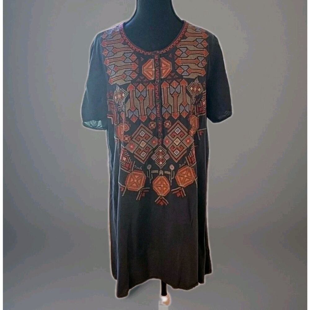 Boho Tunic Dress L Cross-Stitch Style Embroidered Floral Gray Short Sleeve EUC